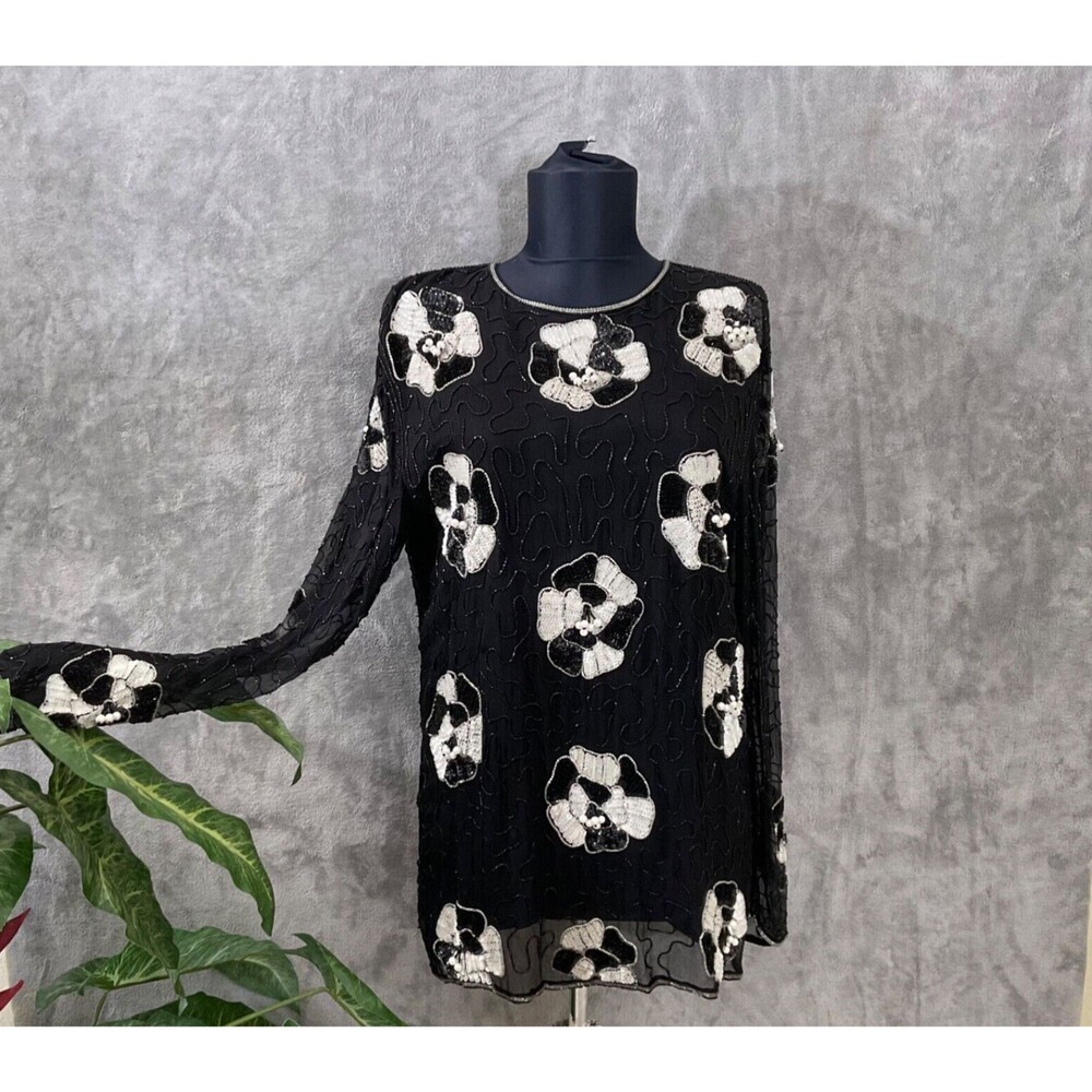 Heavily Beaded Sequined Blouse Top Women’s Medium 100% Silk Floral Black Evening